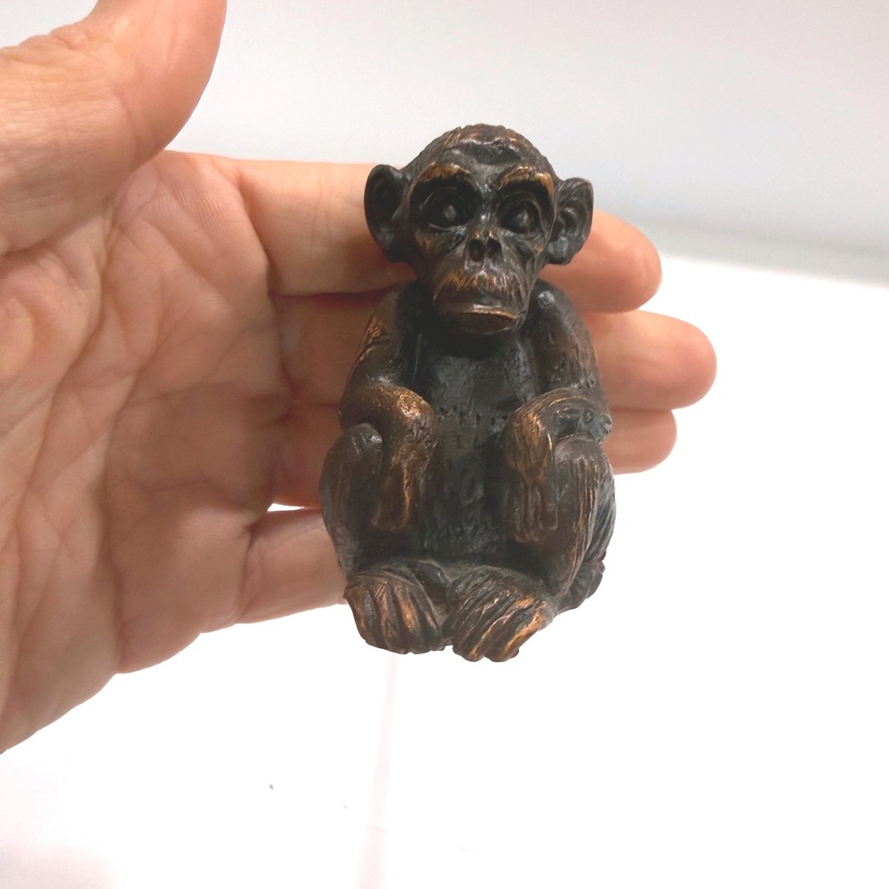 Vintage Bronze Monkey Candle Snuffer Long Wood Handle Chimp Figurine Brown